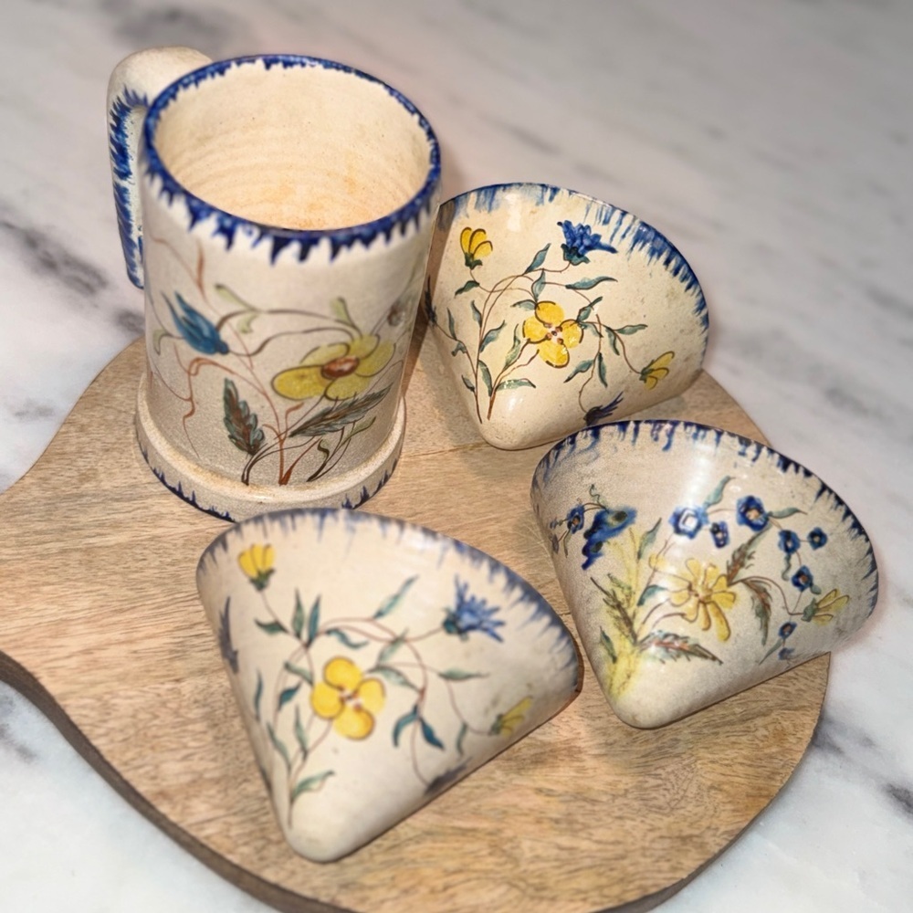 Hand Crafted Pottery from Brazil. Set of 4 Mug and 3 Wall pieces.